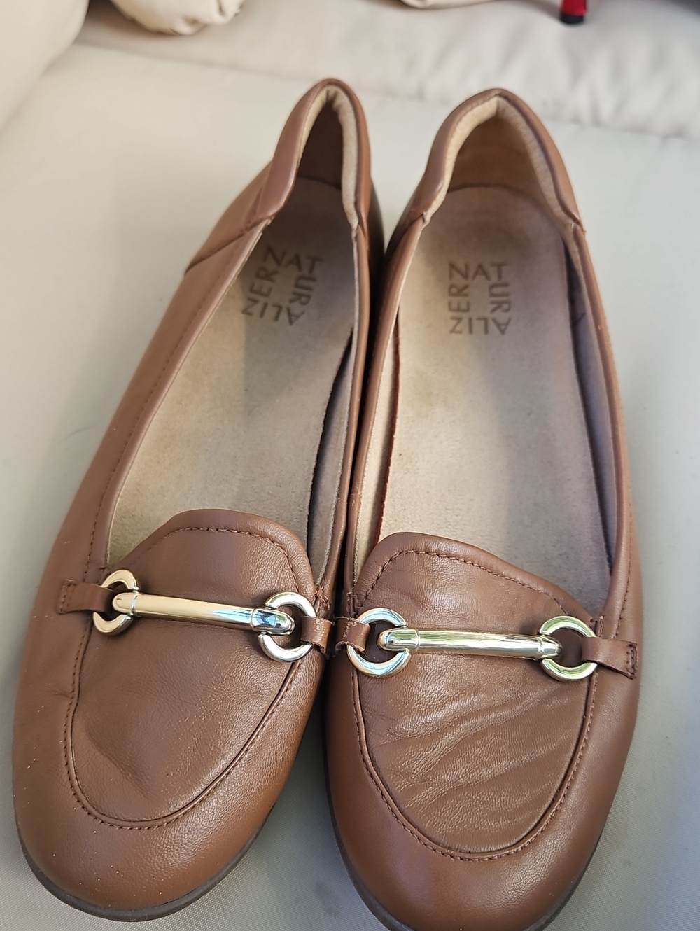 Naturalizer Tan Leather Loafers with Gold-Tone Bit
